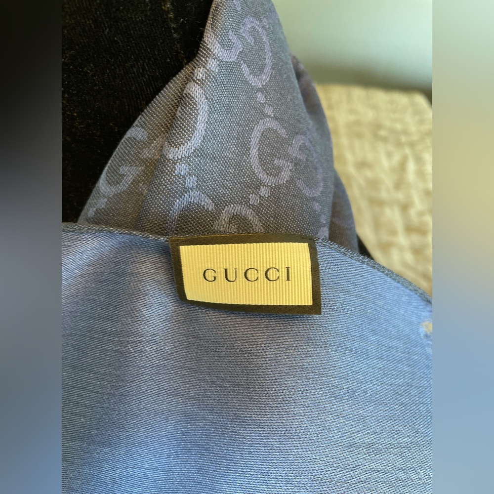 NWT Gucci GG Logo Saphire Sky Blue Monogram Wool Silk Jacquard Long Scarf Wrap - Picture 5 of 9